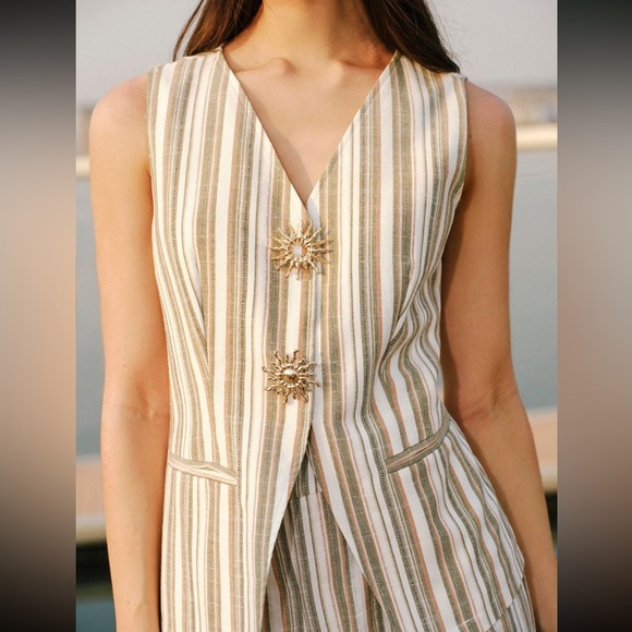 Commense Linen/Cotton Striped Vest & Mid-Waist Striped Wide-Leg Pants Set - Picture 4 of 16